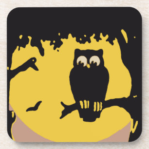 Vintage Halloween, Spooky Owl in Tree with Moon Coaster