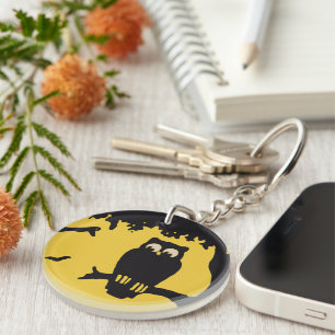 Vintage Halloween, Spooky Owl in Tree with Moon Keychain