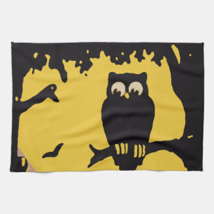 Vintage Halloween, Spooky Owl in Tree with Moon Kitchen Towel