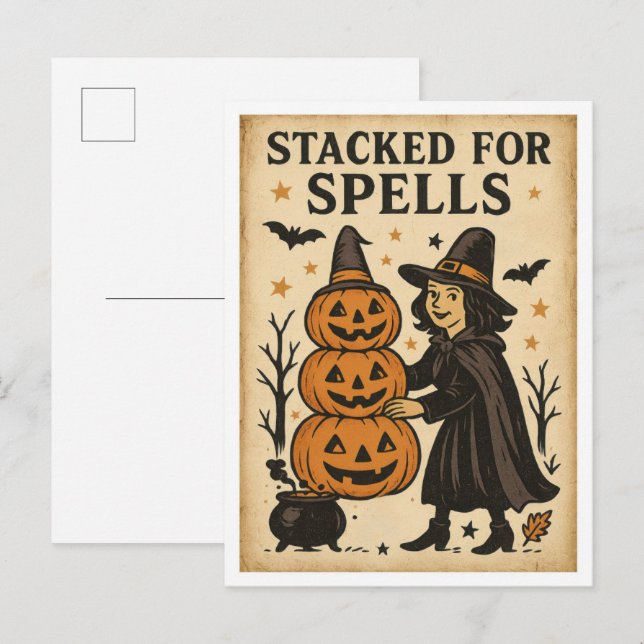 Vintage Halloween Stacked for Spells Postcard (Front/Back)