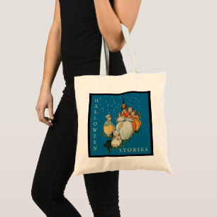 Vintage Halloween Storytime Little Witch Black Cat Tote Bag