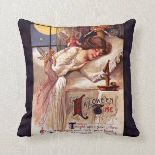 Vintage Halloween Time Faeries and Sleeping Girl Throw Pillow