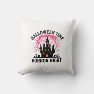 Vintage Halloween Time Horror Night Haunted Castle Throw Pillow