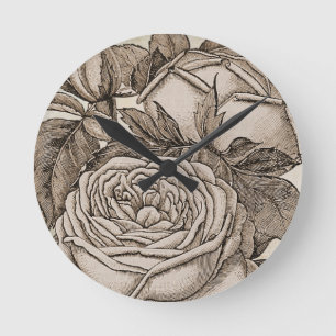 Vintage Halloween Victorian Gothic Rose in Sepia Round Clock