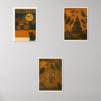 Vintage Halloween Wall Art Poster Set – Black Cat,