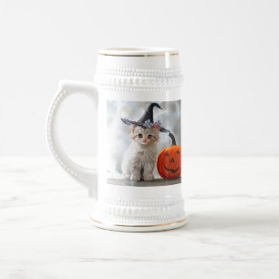 Vintage Halloween White Kitten and Jack-o'-lantern Beer Stein
