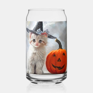 Vintage Halloween White Kitten and Jack-o'-lantern Can Glass