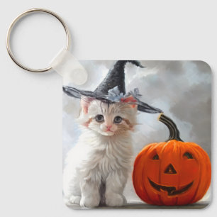 Vintage Halloween White Kitten and Jack-o'-lantern Keychain