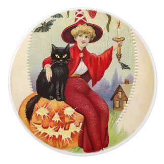 Vintage Halloween Witch and Black Cat Ceramic Knob
