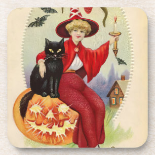 Vintage Halloween Witch and Black Cat Coaster