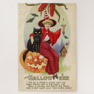 Vintage Halloween Witch and Black Cat Jigsaw Puzzle