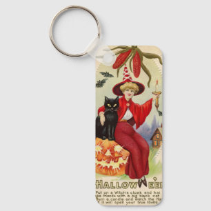 Vintage Halloween Witch and Black Cat Keychain
