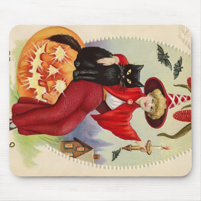 Vintage Halloween Witch and Black Cat Mouse Pad (Front)