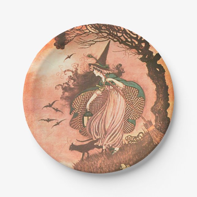 Vintage Halloween Witch and Black Cat Paper Plate (Front)