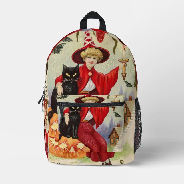 Vintage Halloween Witch and Black Cat Printed Backpack (Front)