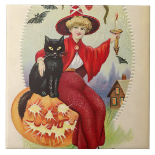 Vintage Halloween Witch and Black Cat Tile