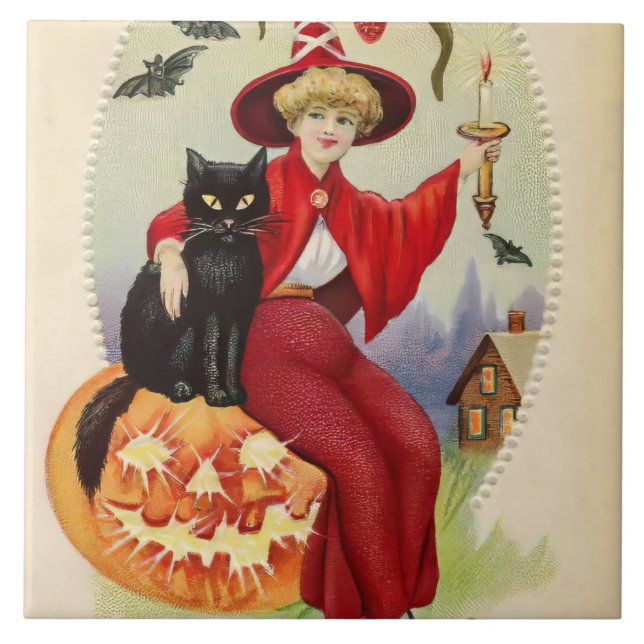 Vintage Halloween Witch and Black Cat Tile (Front)