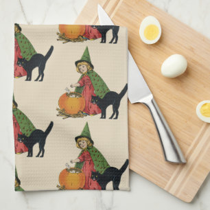 Vintage Halloween Witch and Cat, Ellen Clapsaddle Kitchen Towel
