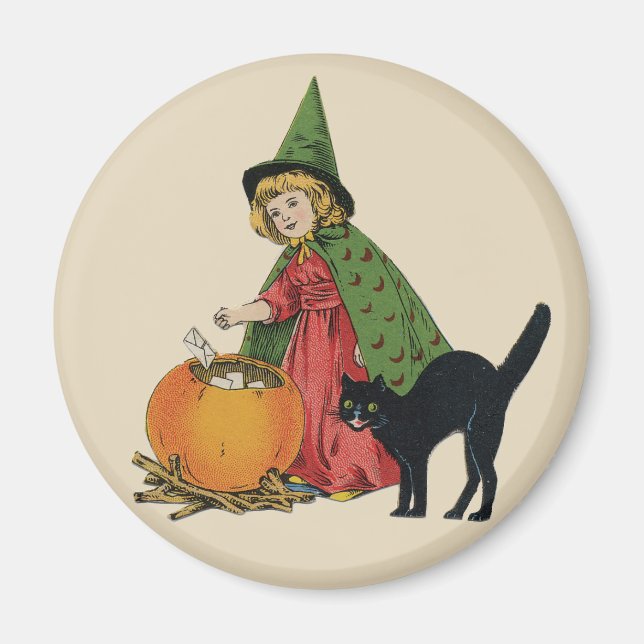 Vintage Halloween Witch and Cat, Ellen Clapsaddle Magnet (Front)