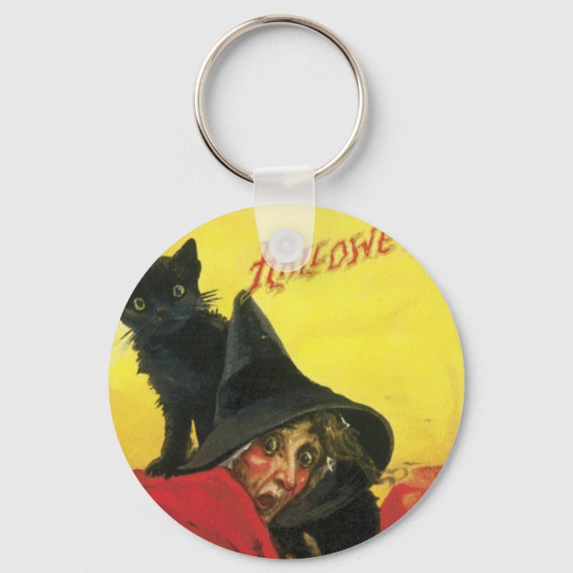 Vintage Halloween Witch and Cat Keychain (Front)
