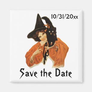 Vintage Halloween Witch and Cat, Save the Date! Magnet