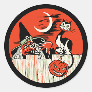 Vintage Halloween Witch and Cat Sticker