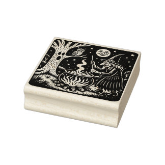 Vintage Halloween Witch and Cauldrom Rubber Stamp