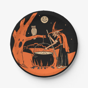 Vintage Halloween Witch and Cauldron Paper Plate