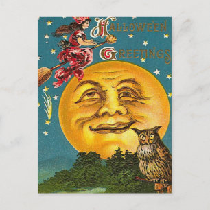 Vintage Halloween Witch and Full Moon Postcard