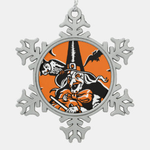 Vintage Halloween Witch and Owl Illustration Snowflake Pewter Christmas Ornament