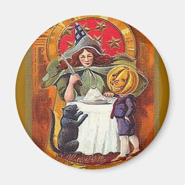 Vintage Halloween Witch and Pumpkin Head Boy Magnet (Front)