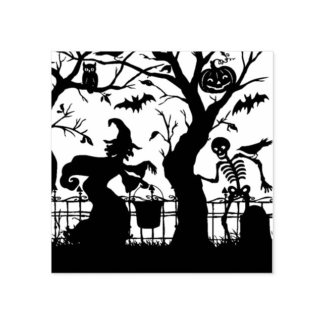 Vintage Halloween Witch and Skeleton Rubber Stamp (Imprint)