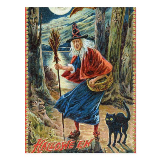 Vintage Halloween witch black cat postcard