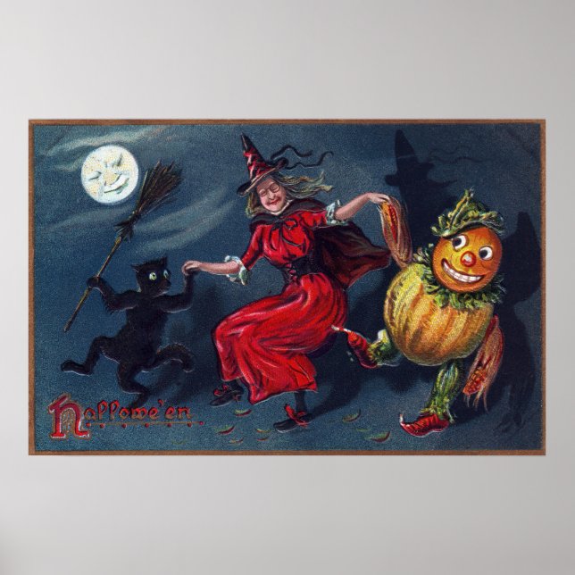 Vintage Halloween witch black cat pumpkin poster (Front)