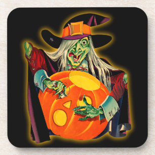 Vintage Halloween Witch Carving a Jack O'Lantern Coaster