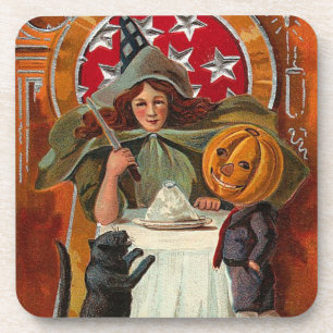 Vintage Halloween Witch Casting Spell with Wand Coaster