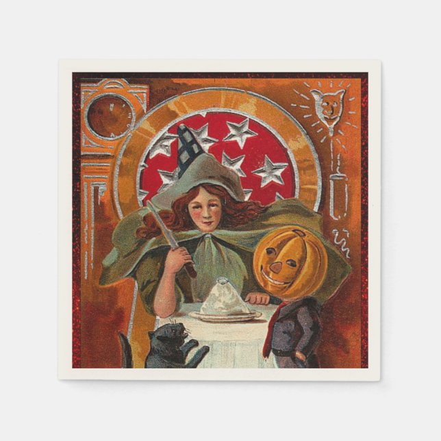 Vintage Halloween Witch Casting Spell with Wand Napkin (Front)