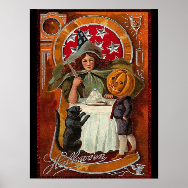 Vintage Halloween Witch Casting Spell with Wand Poster (Front)