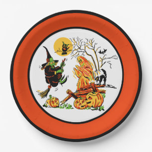 Vintage Halloween Witch & Ghost Paper Plate