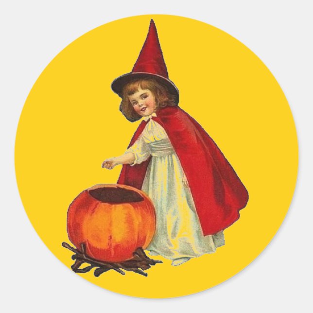 Vintage Halloween Witch Girl Classic Round Sticker (Front)
