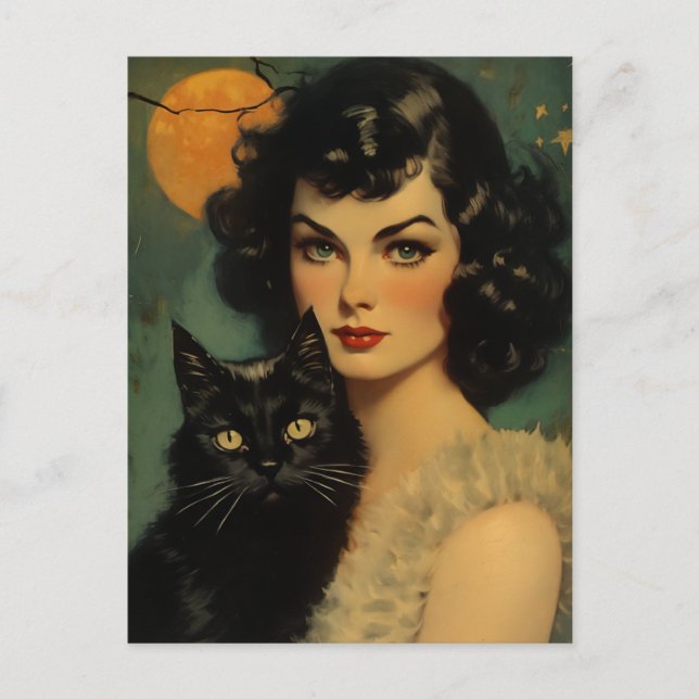 Vintage Halloween Witch Holding Black Cat Postcard (Front)
