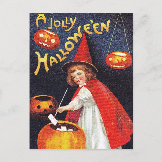 Vintage Halloween witch Holiday pumpkin postcard (Front)