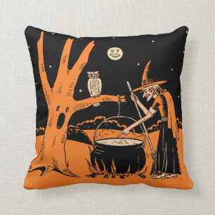 Vintage Halloween Witch in a Haunted Forest Throw Pillow