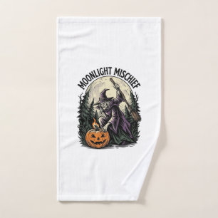 Vintage Halloween Witch Moonlight Mischief Graphic Hand Towel