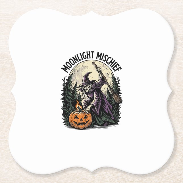 Vintage Halloween Witch Moonlight Mischief Graphic Paper Coaster (Front)