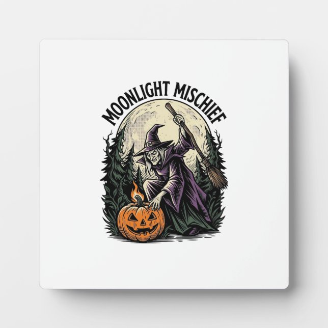Vintage Halloween Witch Moonlight Mischief Graphic Plaque (Front)