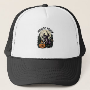 Vintage Halloween Witch Moonlight Mischief Graphic Trucker Hat