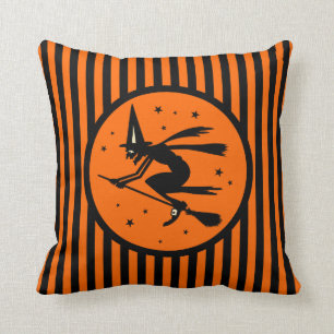 Vintage Halloween Witch on Broom Pillow