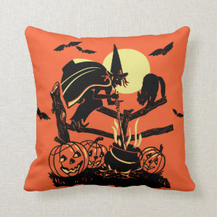 Vintage Halloween Witch on Fence Throw Pillow