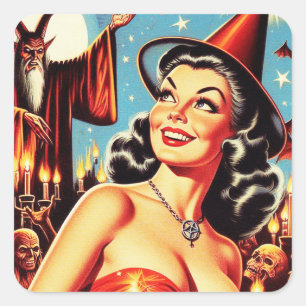 Vintage Halloween Witch Pin-up Square Sticker
